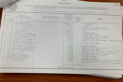 In 1979, the Texas Inaugural Committee kept extensive expenditure records, including this ledger showing items such as a $500 payment to a "Luckenbach Oompah" band. Forty years later, the state is fighting to shield scrutiny of the 2019 Texas Inaugural Committee spending.