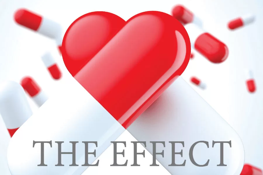 Poster for TWU Theatre's opening play of 2022-23, The Effect. Picture is of red pills forming a heart shape.